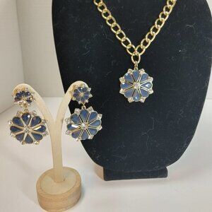 5/$100 Necklace & Earrings Bib Statement Blue Gray Rhinestone Gold-Tone 18”